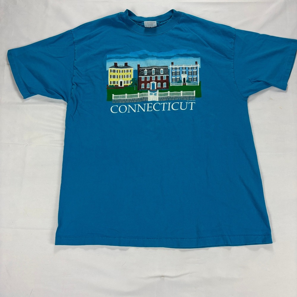 Connecticut Vintage 90s Single Stitch Graphic T-Shirt XL‎ Blue Hanes Beefy-T